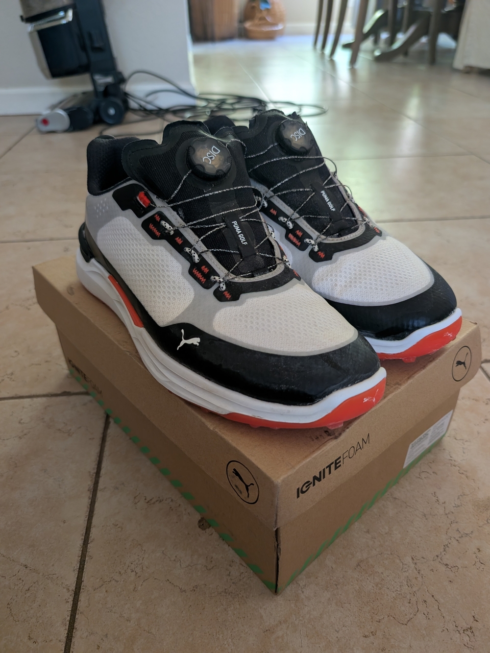 Puma Men’s Black White and Orange Ignite Foam Golf Shoes
